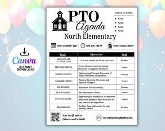 Agenda Template, PTO, PTA, Meeting, Minutes, Canva Template, School Organization, President, Digital Download