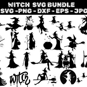 May include: A collection of black witch silhouettes in various poses, including flying on brooms, stirring cauldrons, and standing with staffs. The text "WITCH SVG BUNDLE" is at the top, with file type options below.