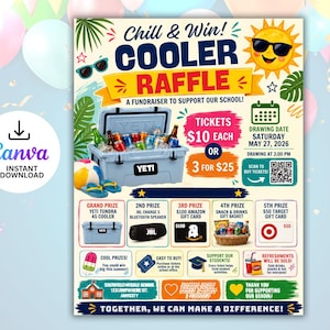 May include: A flyer for a Cooler Raffle fundraiser featuring a light blue Yeti cooler filled with drinks, a smiling sun wearing sunglasses, and text detailing ticket prices of $10 each or 3 for $25, a drawing date of May 27, 2026, and five prize tiers.