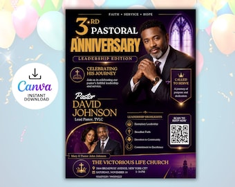 Folleto de aniversario pastoral / Plantilla de revista de agradecimiento al pastor / Folleto editable para eventos de la iglesia / Cartel de servicio de adoración cristiana / Canva