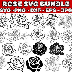 Ros SVG-paket | Blommig Clipart, Silhuett, Cricut (Kommersiellt bruk)