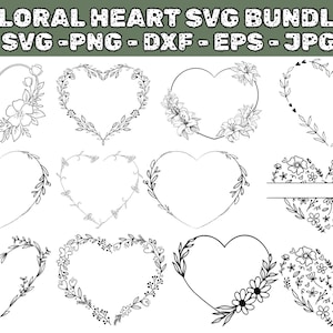 Könnte beinhalten: Eine Sammlung floraler Herzdesigns in den Formaten SVG, PNG, DXF, EPS und JPG. Das Bild zeigt verschiedene Herzformen, die mit floralen und Blattmustern verziert sind, ideal für Bastelprojekte. Die Designs sind in Schwarzweiß gehalten.