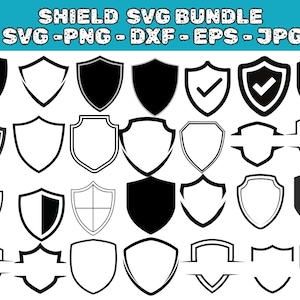 May include: A collection of shield designs in various styles, including solid, outlined, and those with checkmarks. The shields are in black and white, with a few featuring internal details. Text at the top reads "SHIELD SVG BUNDLE" and file types.