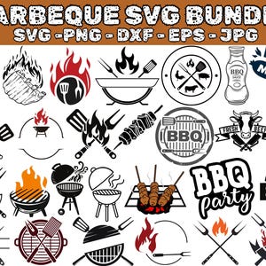 Puede incluir: Colección de gráficos SVG en blanco y negro con temática de barbacoa. Los diseños incluyen llamas, parrillas, utensilios y el texto "BARBEQUE SVG BUNDLE" y "BBQ". Adecuado para diversos proyectos de manualidades.