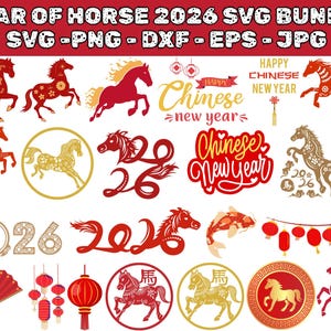 以下が含まれることがあります： 赤と金の馬のイラストと中国の新年グラフィックのコレクション。デザインには「YEAR OF HORSE 2026 SVG BUNDLE」と「Happy Chinese New Year」の文字が含まれています。画像にはさまざまな装飾要素が使用されています。