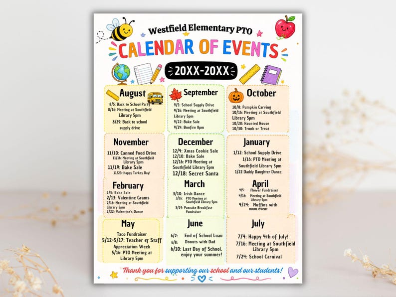 Editable PTA PTO Calendar Template: Events Schedule (canva Download) - Etsy