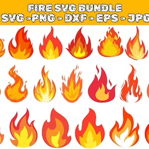 Könnte beinhalten: Eine Sammlung stilisierter Feuerillustrationen in verschiedenen Formen und Farben, von Gelb bis Rot. Das Bild enthält den Text "FIRE SVG BUNDLE" und Dateityp-Indikatoren: SVG, PNG, DXF, EPS und JPG.
