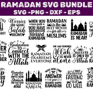 May include: A collection of Ramadan-themed SVG, PNG, DXF, and EPS files. The designs feature various quotes and graphics related to Ramadan, including mosque silhouettes, calligraphy, and inspirational messages. The color scheme is primarily black and white.