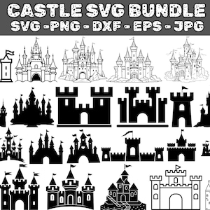 May include: A collection of castle designs in SVG, PNG, DXF, EPS, and JPG formats. The image features various castle illustrations, including detailed line drawings and solid black silhouettes, with the text "CASTLE SVG BUNDLE" at the top.