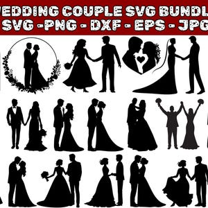 ウェディングカップルのシルエット SVG バンドル: 花嫁と花婿のクリップアート (デジタルダウンロード)