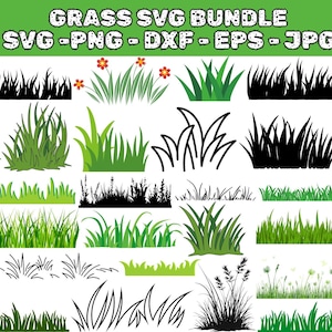 Op de afbeelding: Een verzameling grasontwerpen in verschillende stijlen, waaronder silhouetten en gedetailleerde illustraties. De afbeelding toont verschillende groene grassprieten, sommige met bloemen, en de tekst "GRASS SVG BUNDLE SVG - PNG - DXF - EPS - JPG".