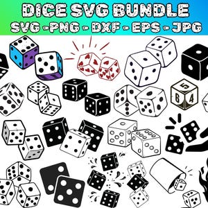 Könnte beinhalten: Eine Sammlung von Würfelillustrationen in verschiedenen Stilen, darunter Schwarz-Weiß, farbig und mit herzförmigen Augen. Das Bild enthält den Text "DICE SVG BUNDLE" und Dateityp-Indikatoren: SVG, PNG, DXF, EPS und JPG.