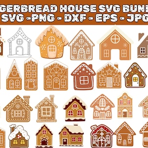 May include: A collection of gingerbread house designs in various styles. The houses are in shades of brown, tan, and white, with decorative details like windows, doors, and frosting. The image includes the text "GINGERBREAD HOUSE SVG BUNDLE" and file type abbreviations.