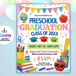Könnte beinhalten: Eine Einladung zur Vorschulabschlussfeier mit bunten Wimpeln, einem Globus, einem lächelnden Apfel, drei Doktorhüten, Schulsachen und Büchern. Der Text lautet: You are invited to our PRESCHOOL GRADUATION CLASS OF 20XX, FRIDAY, MAY 20, 10AM-12PM, Applewood School Gymnasium, 888 Riversdale Road, Hawthorn 12345, RSVP!, Please RSVP to Julia by May 10th at 123 456 7890.
