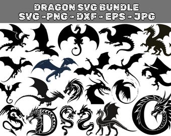 Pode incluir: Silhuetas de dragões em várias poses, com asas abertas e corpos curvados. Os desenhos são em preto e azul escuro, com o texto "DRAGON SVG BUNDLE" e os formatos de arquivo SVG, PNG, DXF, EPS e JPG.