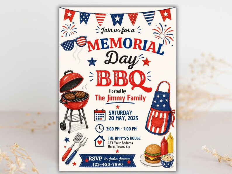 Memorial Day BBQ Editable Invitation Digital Download Patriotic Party ...
