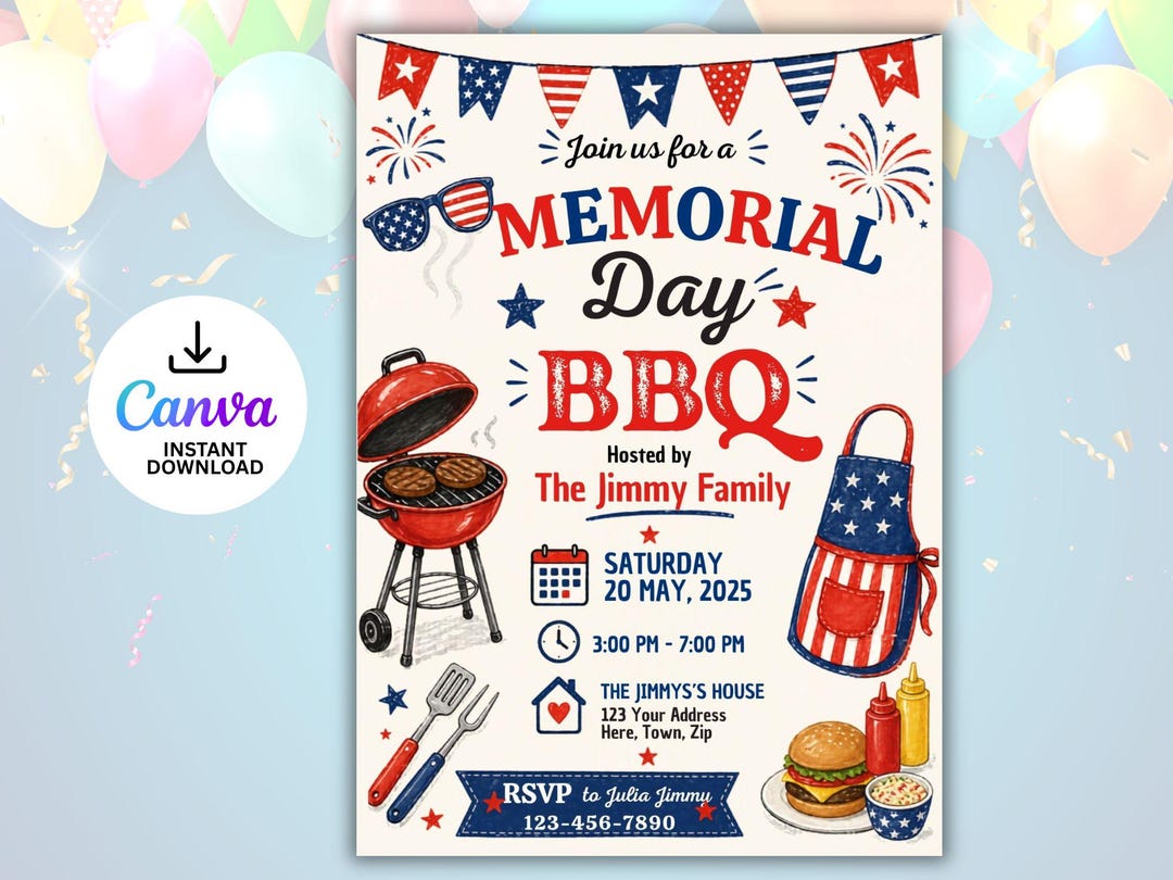 Memorial Day BBQ Editable Invitation Digital Download Patriotic Party ...