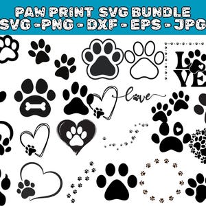 May include: A collection of black paw print designs in various styles, including hearts, single prints, and trails. The text "PAW PRINT SVG BUNDLE" is at the top, with file type abbreviations below. Ideal for pet-themed crafts.