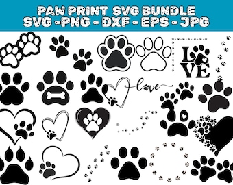 Puede incluir: Una colección de diseños de huellas de patas negras en varios estilos, incluyendo corazones, huellas individuales y rastros. El texto "PAW PRINT SVG BUNDLE" está en la parte superior, con abreviaturas de tipos de archivo debajo. Ideal para manualidades con temática de mascotas.
