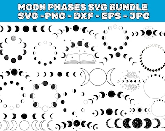 May include: A collection of black and white moon phase designs. The image includes various crescent moon shapes, circles of moons, and a book illustration. The text at the top reads "MOON PHASES SVG BUNDLE SVG - PNG - DXF - EPS - JPG".