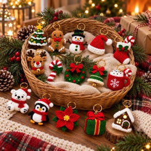 May include: A collection of crocheted Christmas ornaments featuring a tree, gingerbread person, snowman, Santa hat, stocking, reindeer, candy cane, wreath, bell, mug, polar bear, penguin, poinsettia, gift box, and house, all with gold keychains.
