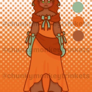 Könnte beinhalten: Digitale Illustration eines Cartoon-Charakters in einem orangefarbenen Kleid mit türkisfarbenen Akzenten. Der Charakter hat braune Haut, rotes Haar und einen strengen Gesichtsausdruck. Der Hintergrund ist orange mit weißen Punkten. Der Text "@chunkymonkeytrinkets" ist sichtbar.