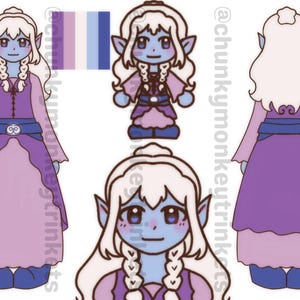 May include: Illustration of a blue-skinned character with white hair in a purple dress. The image includes a color palette and multiple views of the character, including front, side, and back views. The character has pointed ears and is wearing a long dress.