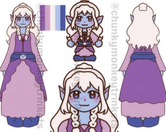 Könnte beinhalten: Illustration eines blauhäutigen Charakters mit weißen Haaren in einem lila Kleid. Das Bild enthält eine Farbpalette und mehrere Ansichten der Figur, einschließlich Vorder-, Seiten- und Rückansichten. Die Figur hat spitze Ohren und trägt ein langes Kleid.