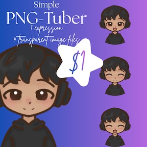 Peut inclure: Illustration numérique d'un avatar de dessin animé aux cheveux noirs et un sweat à capuche noir, conçu pour une utilisation PNG-Tuber. L'image comprend le texte "Simple PNG-Tuber" et "1 expression, 4 fichiers image transparents". Une étoile affiche le prix.
