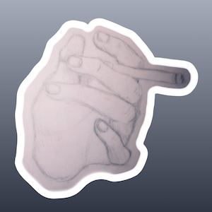 May include: A pencil sketch of a hand holding a cigarette. The drawing is outlined with a white border and set against a gradient gray background. The hand is rendered in a realistic style.