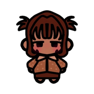 May include: A cartoon illustration of a person with brown hair styled in two pigtails. The person has a light brown complexion, dark eyes, and rosy cheeks. They are wearing a brown jacket with white polka dots and a matching skirt.