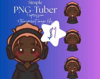 May include: Digital artwork of a cartoon character with brown skin, wearing a black hoodie and headphones. The image includes the text "Simple PNG-Tuber" and "1 expression, 4 transparent image files". A star shape with the number "$1" is also present.