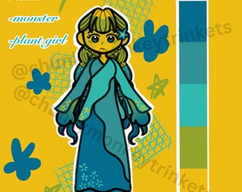 May include: Illustration of a plant girl on a yellow background. The plant girl has green hair, blue eyes, and wears a teal dress with flower accents. The image includes text that says "Name", "-monster", and "-plant girl".