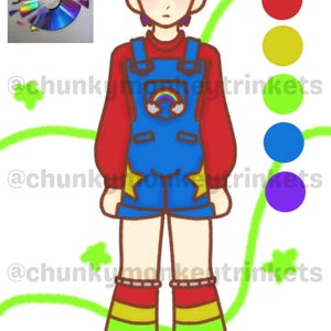 May include: Illustration of a person wearing a red long-sleeve shirt and blue overalls with a rainbow patch. The person has purple hair and green eyes. The image includes a broken CD and color swatches.