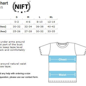 May include: Size chart for women's shirts with measurements in inches. The chart shows sizes S, M, L, and XL with corresponding chest and waist measurements. A diagram shows how to measure chest and waist.
