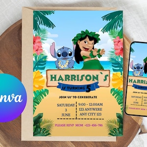 Stitch Birthday Invitation, Lilo Stitch Birthday Invite, Girl Party Birthday Invitation, Editable Stitch Invitation