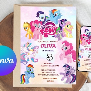 Bewerkbare Unicorn Pony verjaardagsuitnodiging voor meisjes, My Little Pony-uitnodiging, afdrukbare sjabloon voor kinderverjaardag