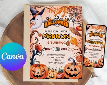 May include: Halloween-themed invitation with pumpkins, a ghost, and a witch's hat. The invitation includes the text "Halloween" and details for a birthday party, including the name "Medison" and the date June 18, 2025.