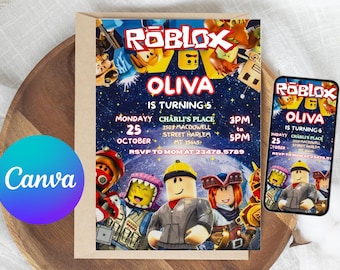 Könnte beinhalten: Eine Geburtstagseinladung mit Roblox-Thema. Die Einladung enthält den Namen "Oliva", das Datum, die Uhrzeit und den Ort der Party. Das Design integriert Roblox-Charaktere und einen Sternenhintergrund.
