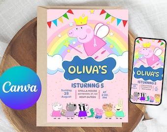 Peppa Pig Birthday Invitation, Editable Canva Template (Digital Download)