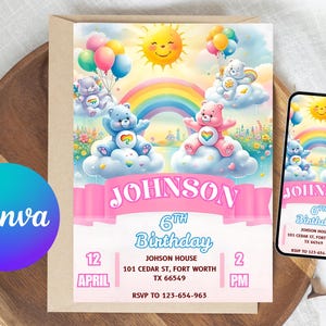 Care Bears Birthday Invitation: Rainbow Teddy Bear, Editable Canva Template (Digital Download)