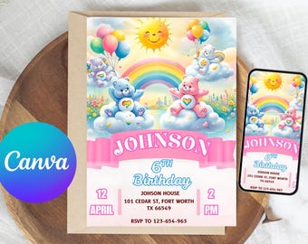 Care Bears Birthday Invitation | Rainbow Theme, Editable Canva Template