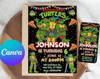 May include: A Teenage Mutant Ninja Turtles birthday invitation featuring the characters, pizza slices, and the text "JOHNSON IS TURNING 6". The invitation is on a brown card with a matching design on a smartphone.
