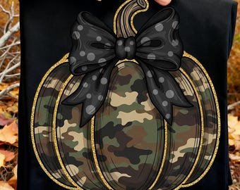 Camo Kürbis Glitter Png, Adrette Kürbis Png, Kürbis Kokette Bogen Png, Halloween Png, Trendiges Thanksgiving Design, Girly Herbst Png