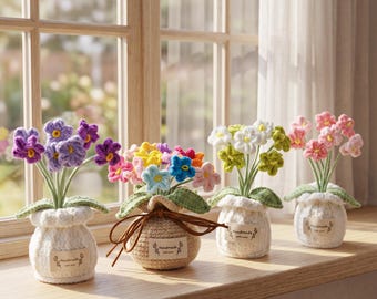 Handmade Crochet Flowers in Pot, Eternal Arrangement Desktop Buddy, Positive Healing Desk & Home Decor