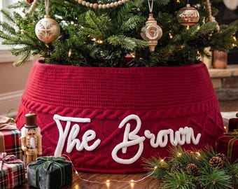 Custom Knitted Christmas Tree Skirt, Personalized Family Name Tree Skirt, Christmas Home Decor, Christmas Gift