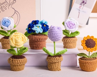 Crocheted Mini Flower Pot Arrangement, Yarn Potted Plants, Desk Decor