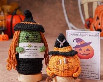 Hand-Crocheted Halloween Plush Dolls, Witch, Pumpkin, Emotional Support Gift
