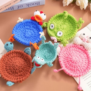 Hand Crocheted Animal Coasters, Yarn Critter Drink Coasters, Kawaii Desk Decor
