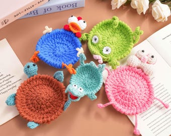Hand Crocheted Animal Coasters, Yarn Critter Drink Coasters, Kawaii Desk Decor